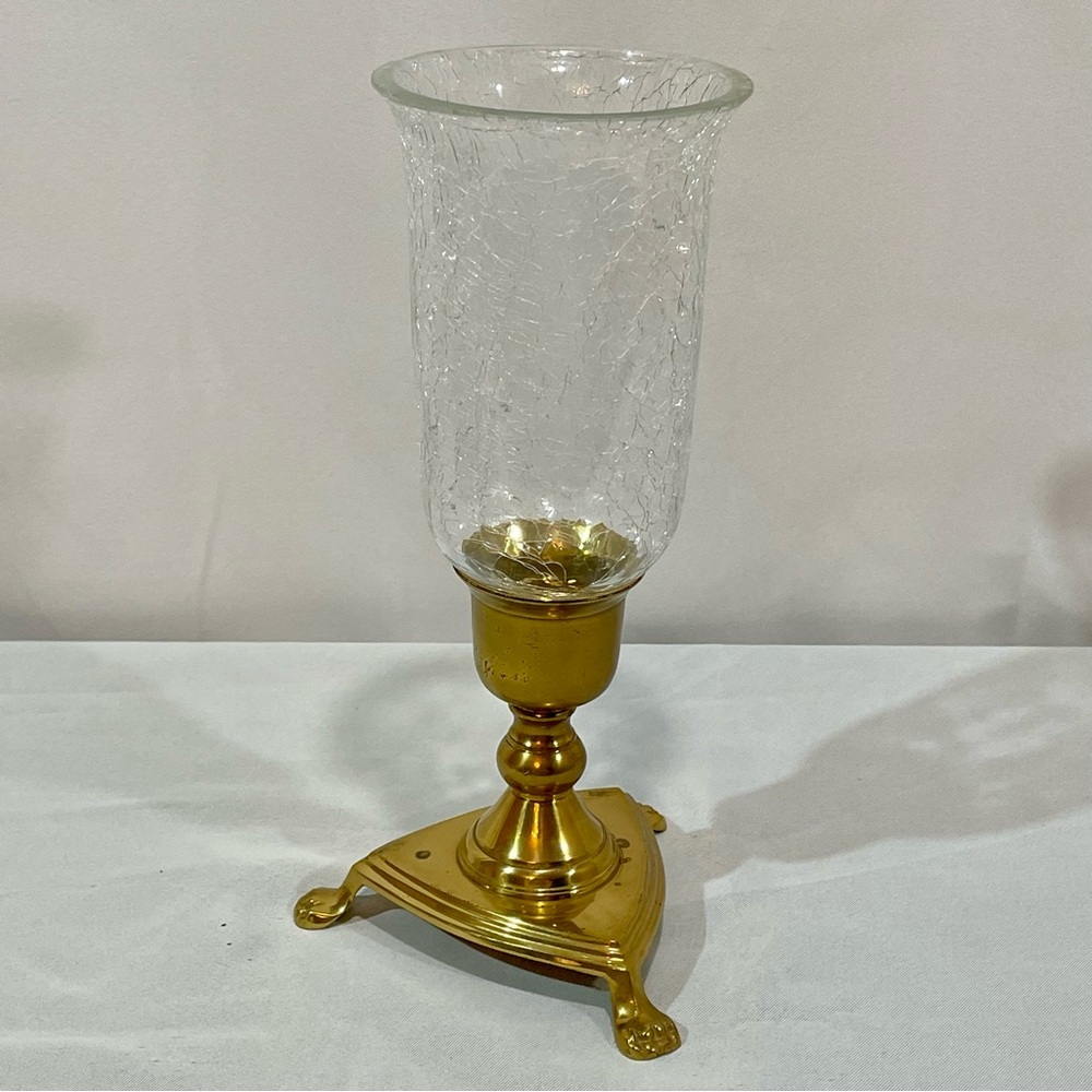 Vintage Pier 1 Solid Brass Footed Candle Holder Crackle Glass Globe Tarnished
